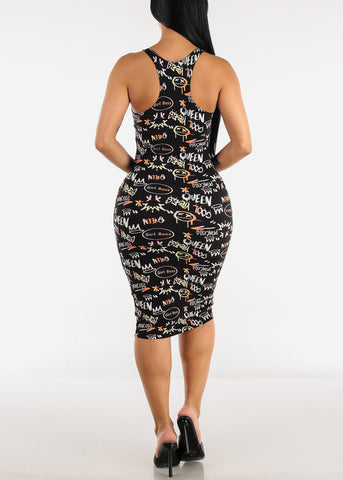 Image of Sleeveless Black Printed Bodycon Midi Dress