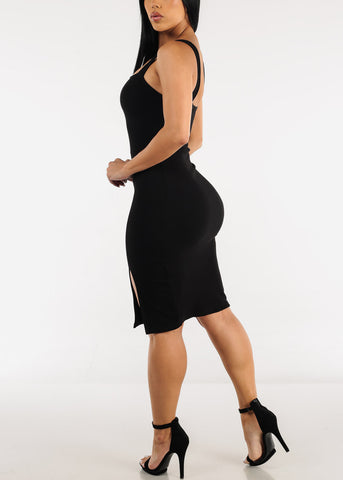 Image of Black Square Neck Sleeveless Bodycon Dress w Front Side Slit