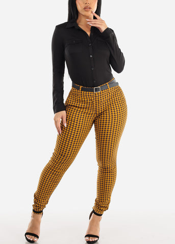 Image of Mid Rise Printed Dressy Skinny Pants Mustard w Belt
