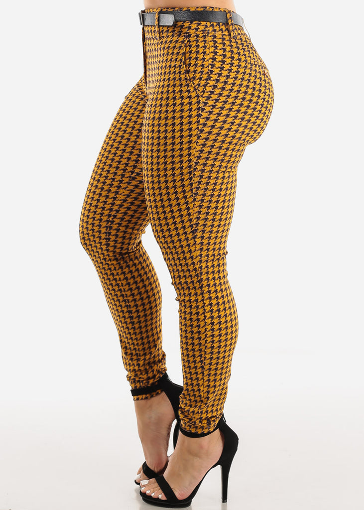 Mid Rise Printed Dressy Skinny Pants Mustard w Belt