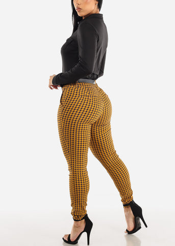 Image of Mid Rise Printed Dressy Skinny Pants Mustard w Belt