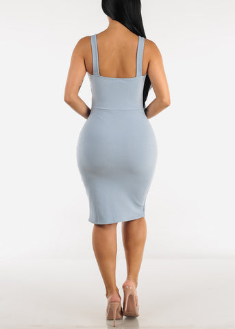 Image of Square Neck Sleeveless Bodycon Dress Light Blue w Front Side Slit