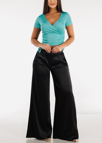 Image of Short Sleeve Surplice Top Aqua w Ruched Sides
