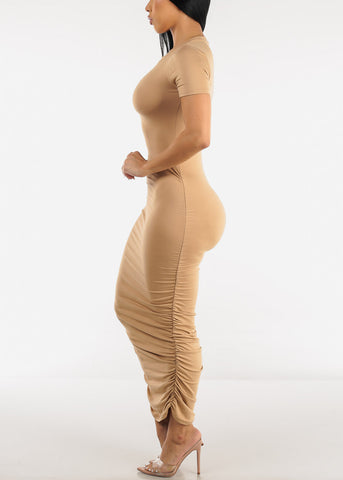 Image of Short Sleeve Ruched Bodycon Maxi Dress Nude