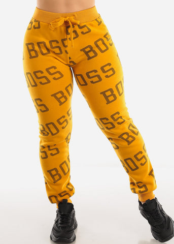 Image of Fleece Drawstring Waist Jogger Sweatpants Mustard "Boss"