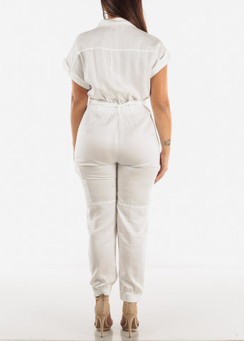 Image of White Cargo Jumpsuit with Belt