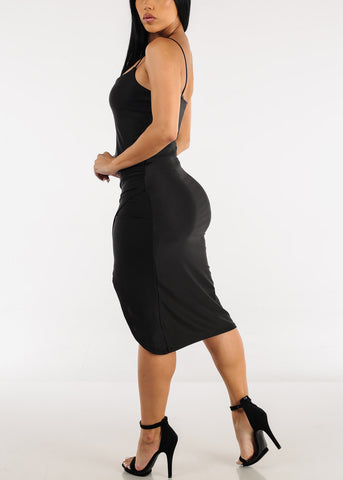Image of Black Ruched Side Wrapped Bodycon Midi Dress
