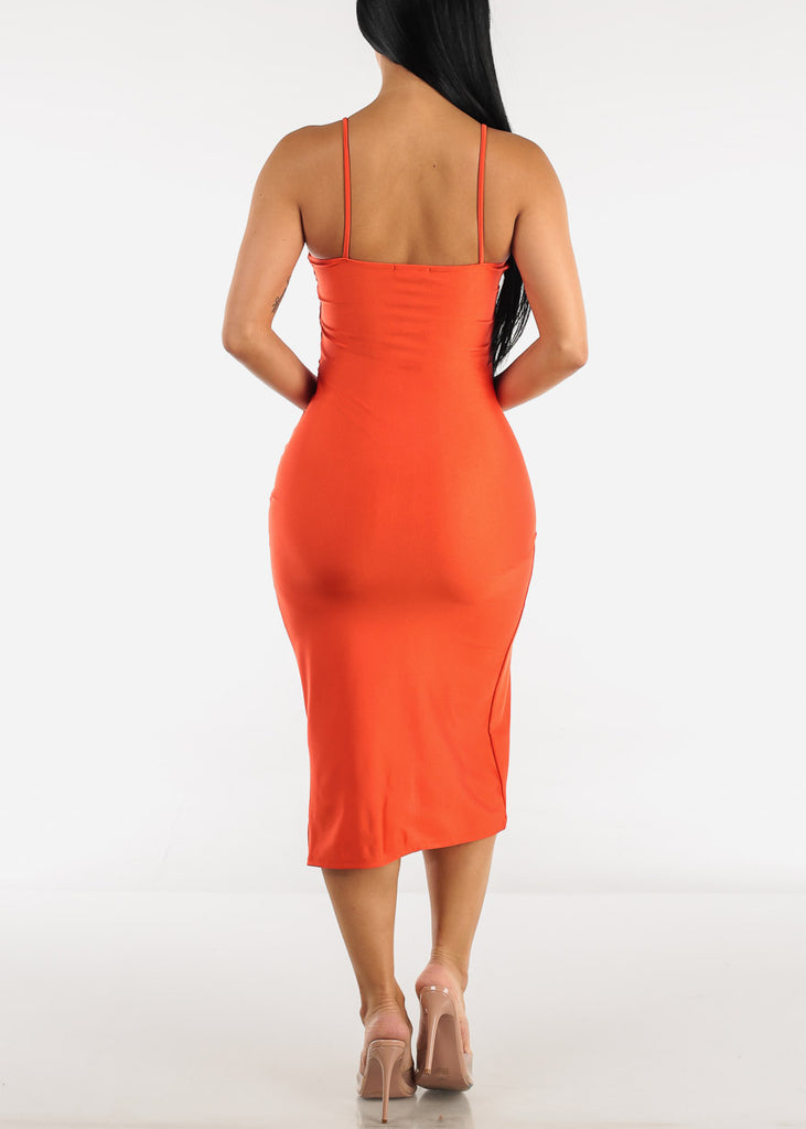 Ruched Side Wrapped Cami Bodycon Midi Dress Orange