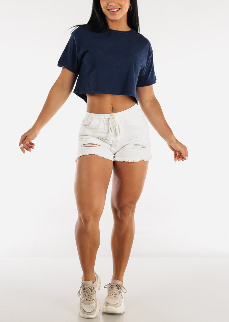 Navy Short Sleeve Cotton Cropped Tee