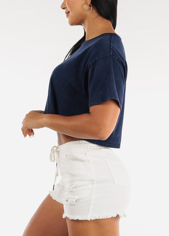 Image of Navy Short Sleeve Cotton Cropped Tee