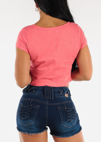 Image of Short Sleeve Vneck Cropped Cotton Tee Coral
