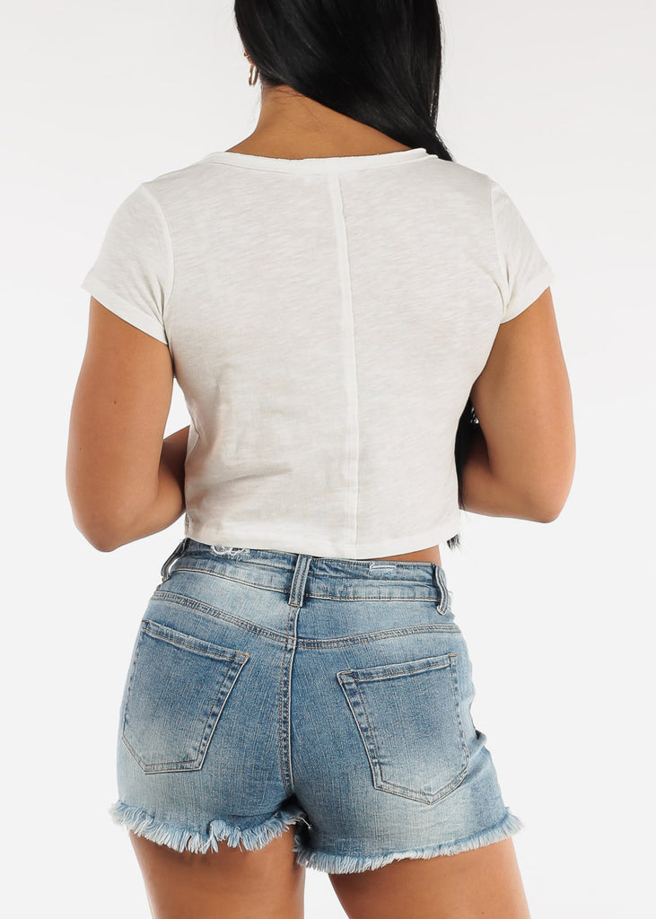 White Short Sleeve Vneck Cropped Cotton Tee