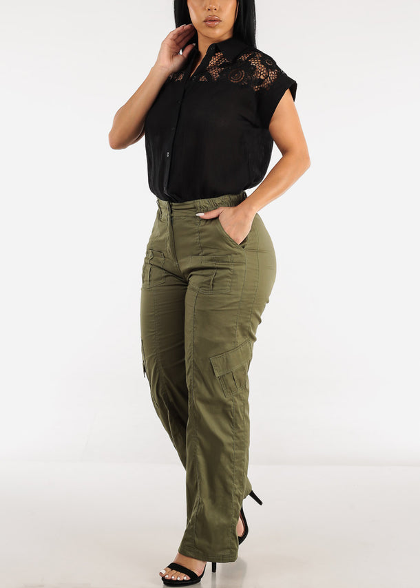 High Waisted Straight Wide Leg Cargo Pants Olive
