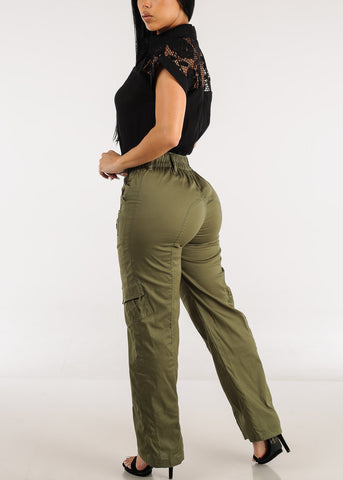 Image of High Waisted Straight Wide Leg Cargo Pants Olive