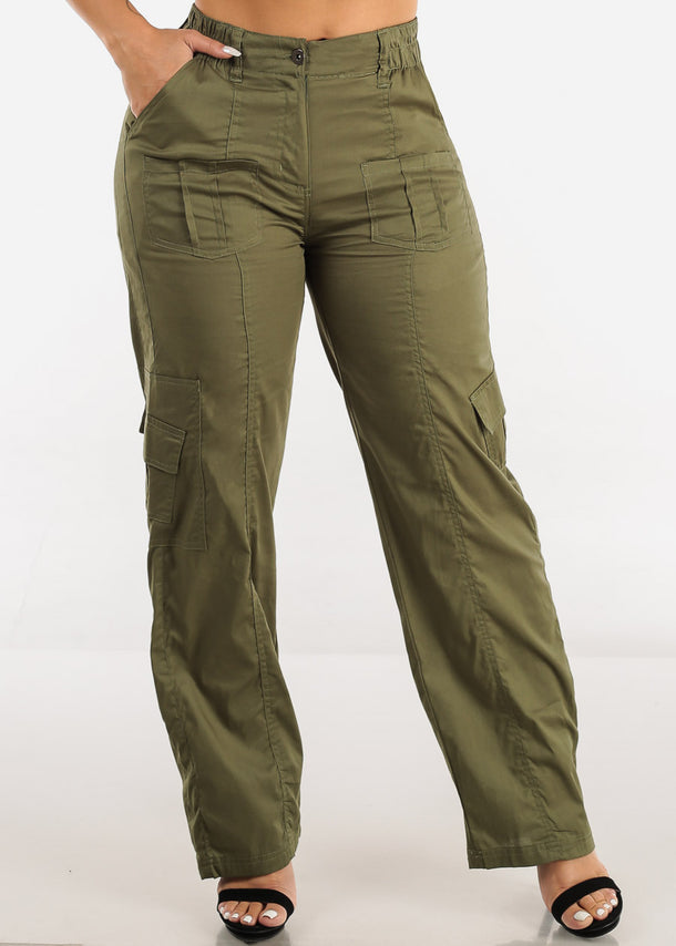High Waisted Straight Wide Leg Cargo Pants Olive