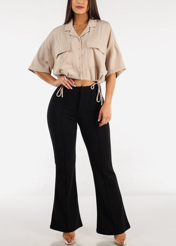 Image of Short Sleeve Button Up Cropped Shirt Taupe