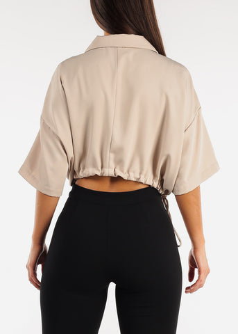 Image of Short Sleeve Button Up Cropped Shirt Taupe