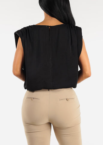 Image of Black Tie Front Drawstring Cap Sleeve Blouse