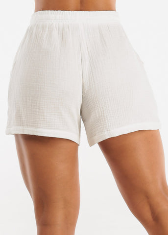 Image of White Cotton Drawstring Waist Shorts