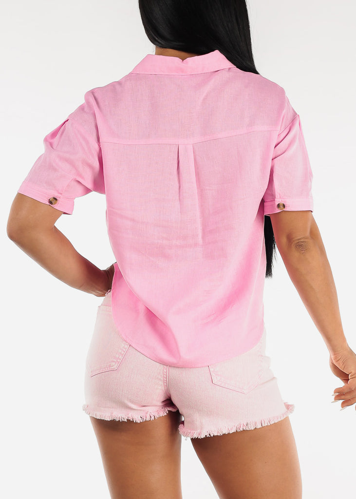 Pink Linen Short Sleeve Collared Top