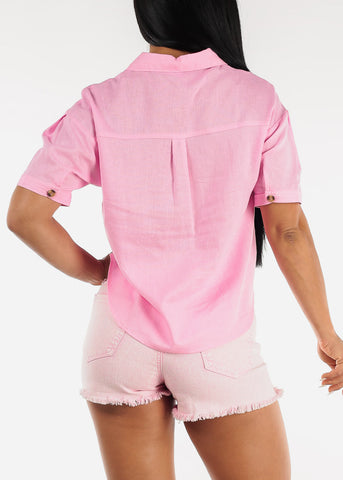 Image of Pink Linen Short Sleeve Collared Top