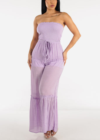 Image of Strapless Smocked Ruffle Jumpsuit Lilac