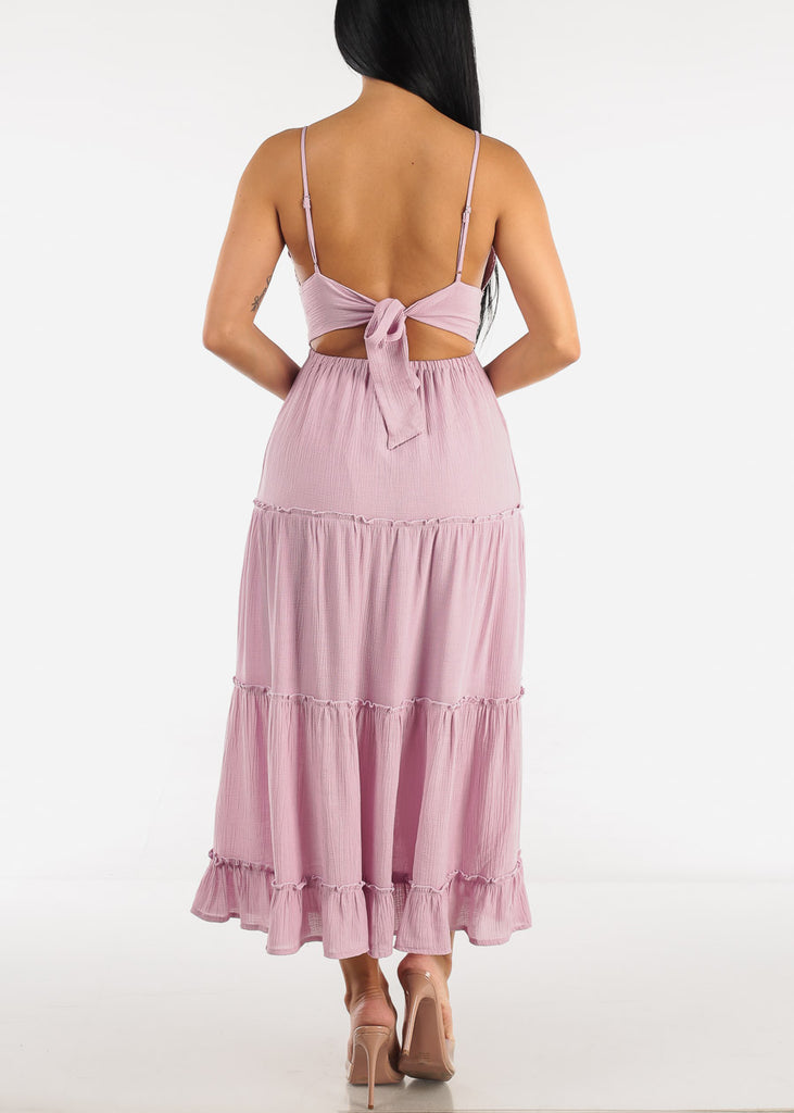 Sleeveless Tie Back Crochet Maxi Dress Lilac