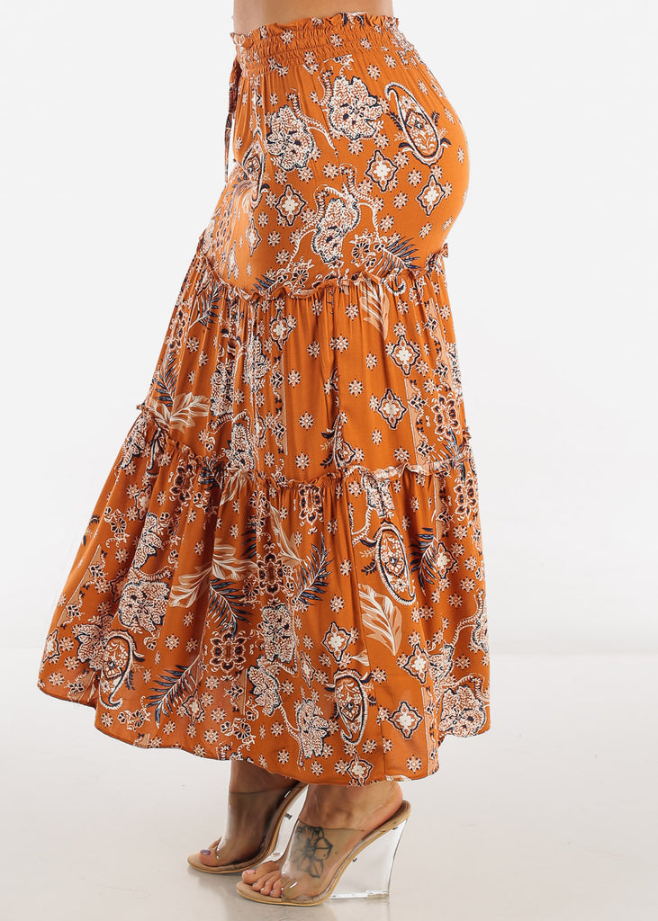 Floral Smocked Waist Tiered Maxi Skirt Rust