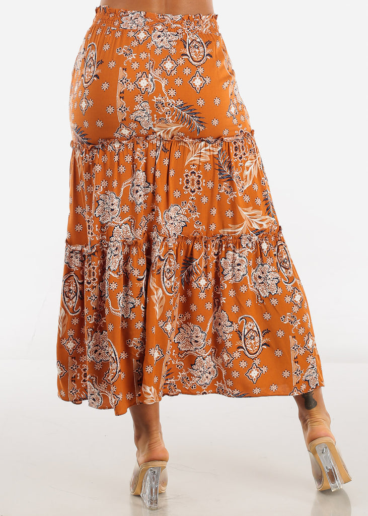 Floral Smocked Waist Tiered Maxi Skirt Rust