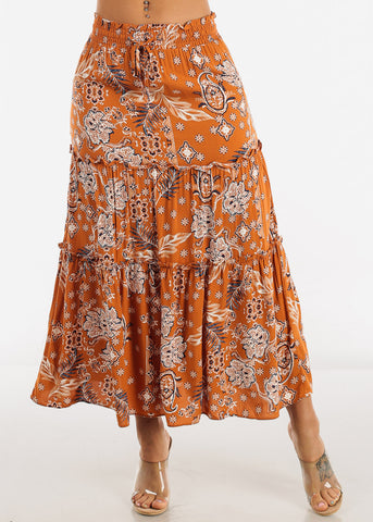 Image of Floral Smocked Waist Tiered Maxi Skirt Rust