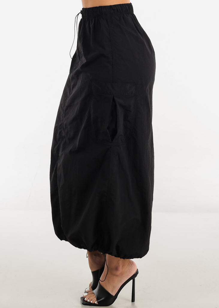 Black Drawstring Waist Cargo Maxi Skirt