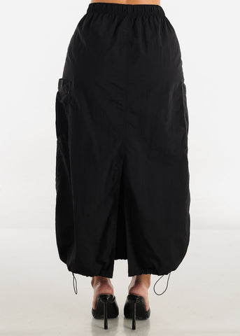 Image of Black Drawstring Waist Cargo Maxi Skirt
