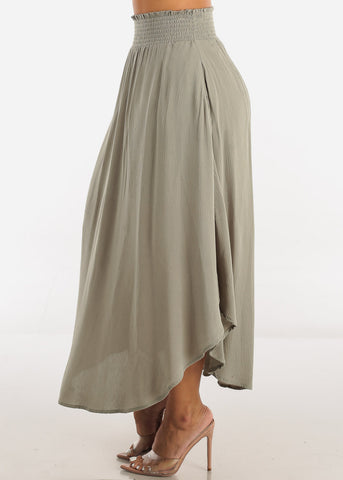 Image of Smocked Waist Round Hem Maxi Skirt Olive w Pockets