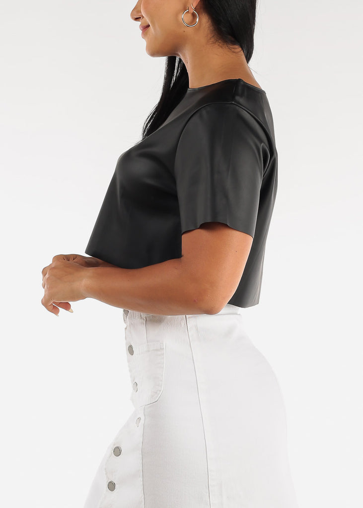 Black Faux Leather Short Sleeve Crop Top