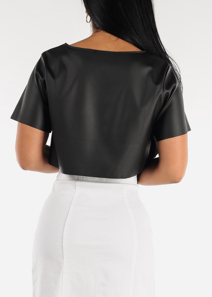 Black Faux Leather Short Sleeve Crop Top