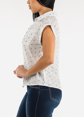 Image of White Polka Dot Cap Sleeve Button Up Shirt
