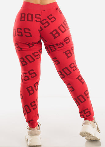 Image of Fleece Drawstring Waist Jogger Sweatpants Red "Boss"