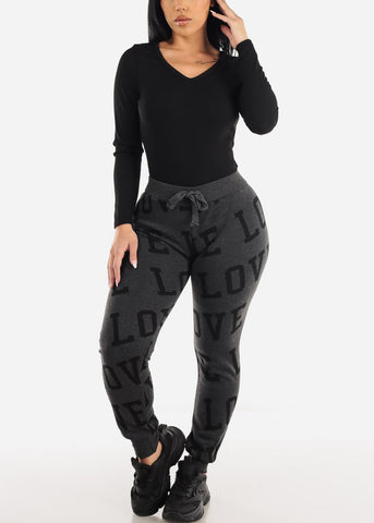Image of Fleece Drawstring Waist Jogger Sweatpants Charcoal "Love"