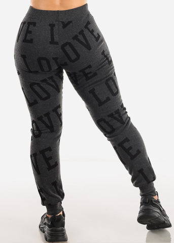 Image of Fleece Drawstring Waist Jogger Sweatpants Charcoal "Love"