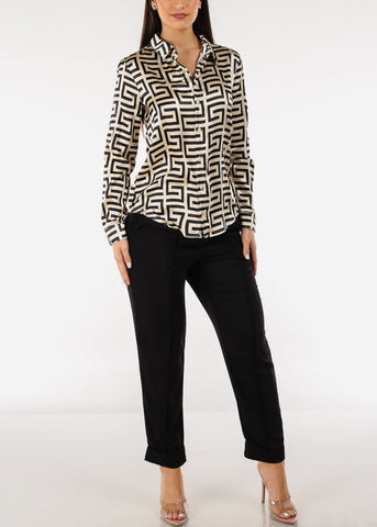 Image of Printed Long Sleeve Button Down Satin Blouse