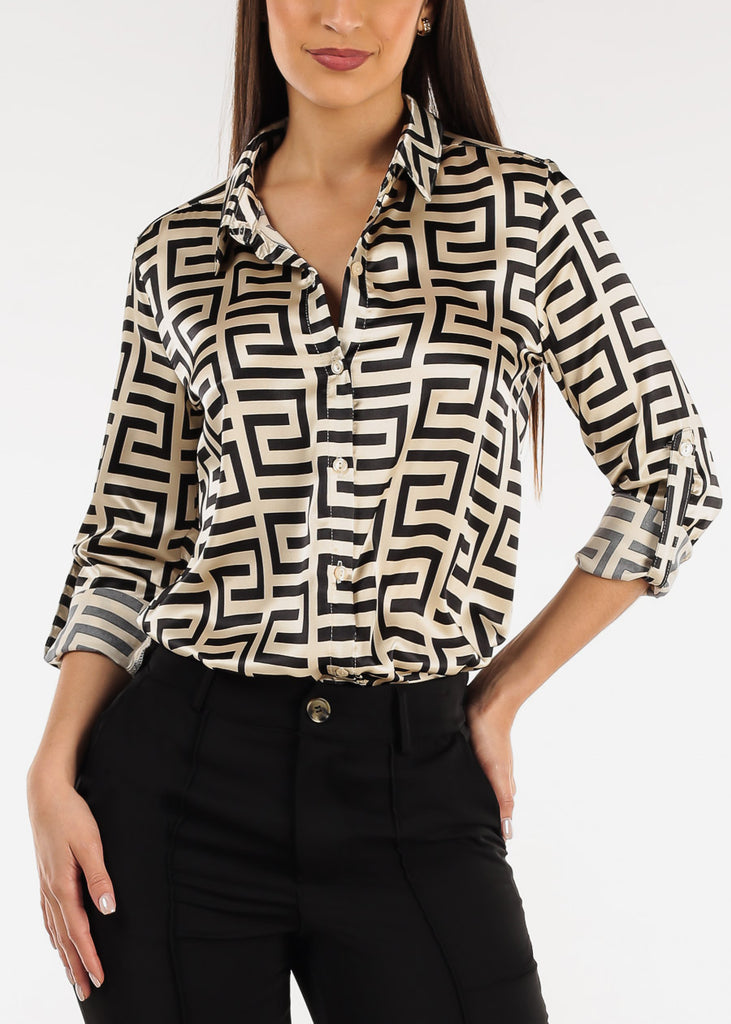 Printed Long Sleeve Button Down Satin Blouse