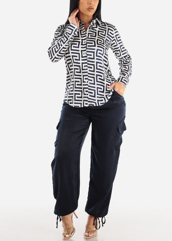 Image of Printed Long Sleeve Button Down Satin Blouse Navy