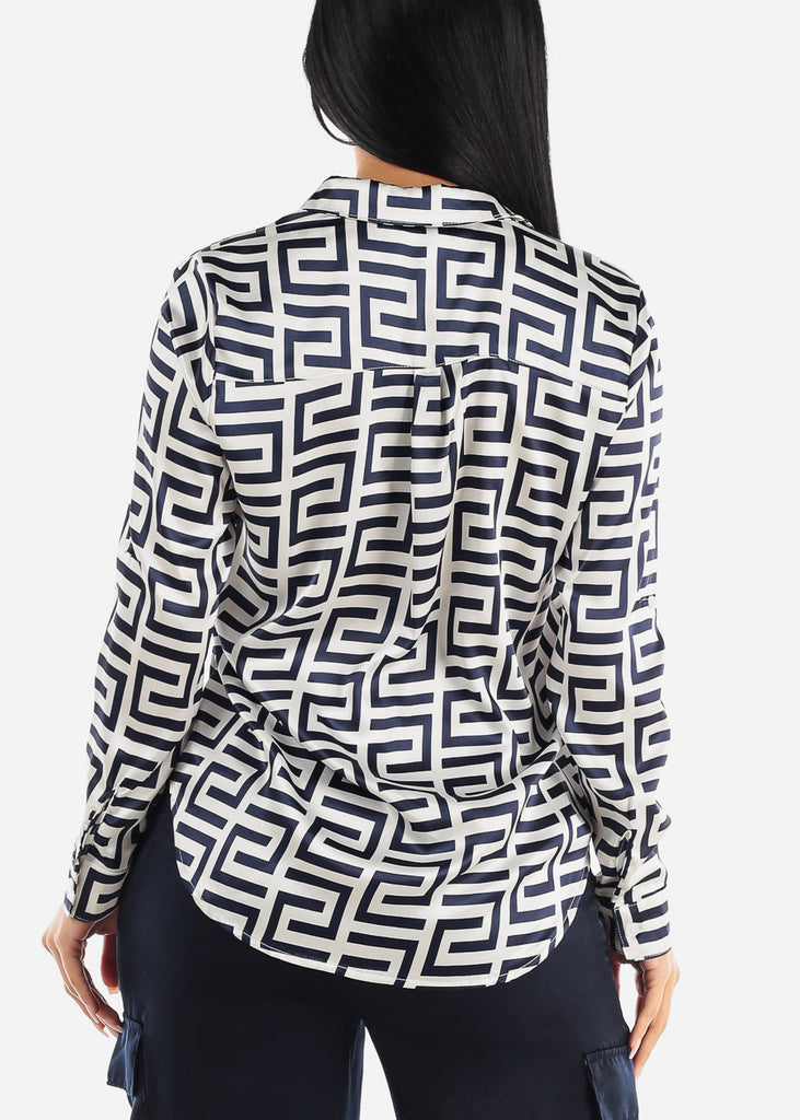 Printed Long Sleeve Button Down Satin Blouse Navy