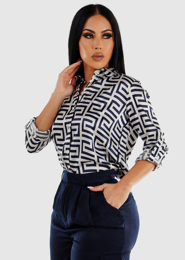 Printed Long Sleeve Button Down Satin Blouse Navy