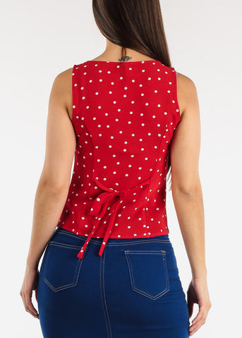 Image of Sleeveless Button Down Red Polka Dot Top