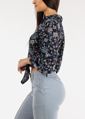 Image of Front Tie Button Down Floral Blouse Navy
