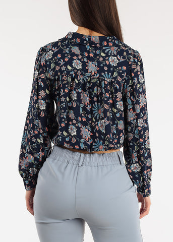 Image of Front Tie Button Down Floral Blouse Navy