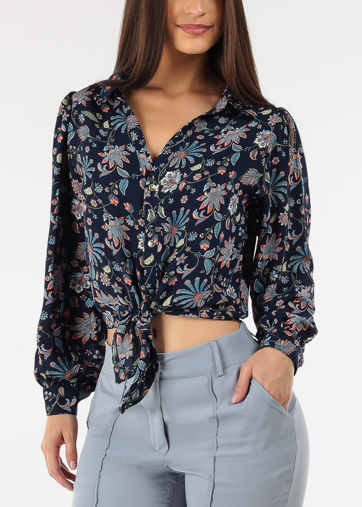Front Tie Button Down Floral Blouse Navy