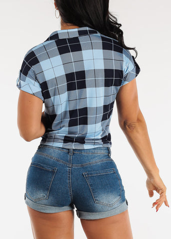 Image of Short Sleeve Tie Front Button Up Plaid Shirt Blue