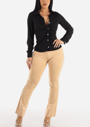Image of Black Long Sleeve Button Down Ruched Collared Blouse